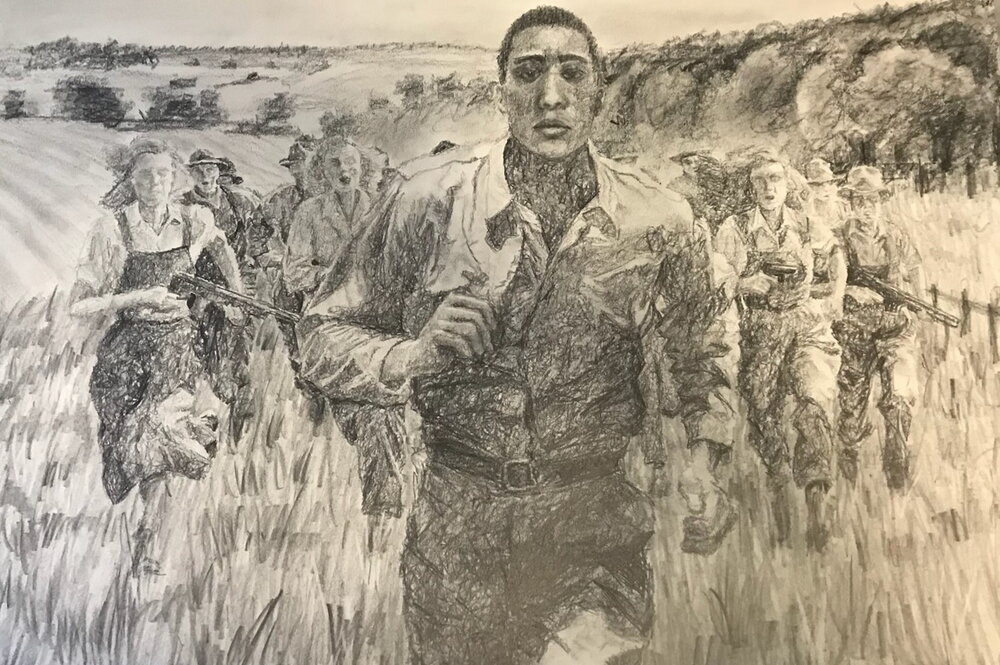 Charcoal drawing featuring Person running away from his assailants.