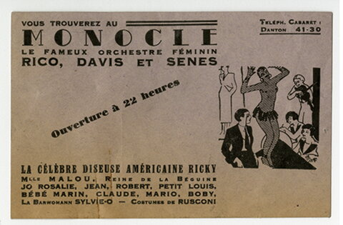 Business card from Le Monocle, the most famous Sapphic Cabaret in Paris, opened in 1933.