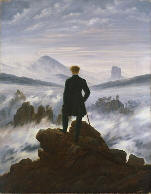 Wanderer above the Sea of Fog painting. Man stands alone on rocks above ocean.