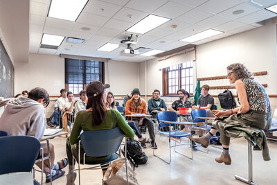 Leslie Reagan teaches in a classroom in gregory hall