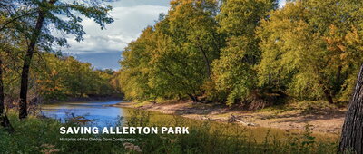 river with forest on either side and the words "Saving Allerton Park, Histories of the Oakley Dam Controversy" transposed over it