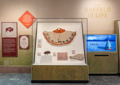 Museum display featuring a garment with Bison printed on it. On the wall are the words Bison is Life.