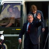 Bradley Harms in the cockpit of the presidential helicopter. President Bush and First Lady Laura Bush exit the helicopter. 