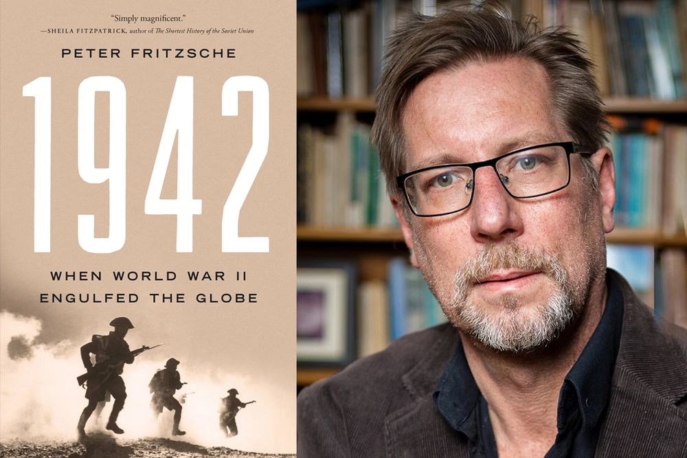 Book cover on left and picture of peter fritzsche on right