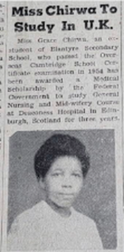 Newspaper clipping about woman who left Malawi to study in the UK